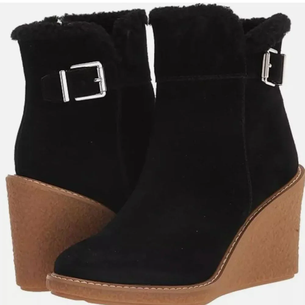 NEW Franco Sarto Women's Ulayna Suede Faux Fur Wedge Boots Black SZ-11